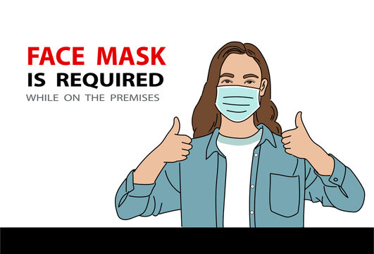 Face mask is required, everyday life and leisure concept. Supportive enthusiastic woman in medical mask thumbs-up, wearing PPE while going on the premises.