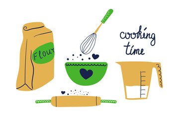 Hand drawn rolling pin, whisk, flour bag, bowl and measuring Cup. Text cooking time. Bakery and kitchen concept.