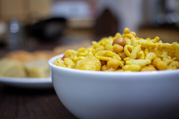Indian crispy snack which is referred with different names like chivda, madras mixture. Indian sweet and savoury