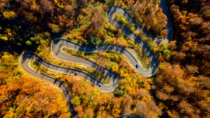Aerial top drone view of winding forest road in the mountains. Colourful landscape with rural road, trees with yellow and green leaves.