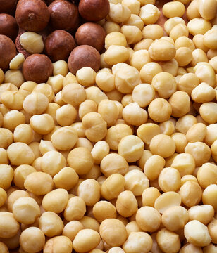 Macadamia nuts with and without shells (filling the picture)