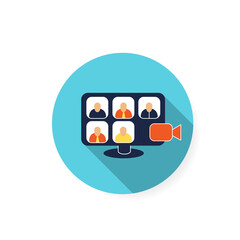 Video conference flat icon. Remote team meeting, presentation or discussion with video call during working from home. Business and remote communication concept.Color vector illustration with shadow 