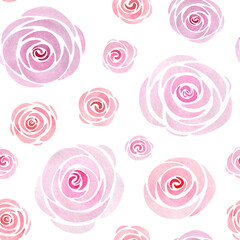 A seamless pattern of delicate pink roses on a white background