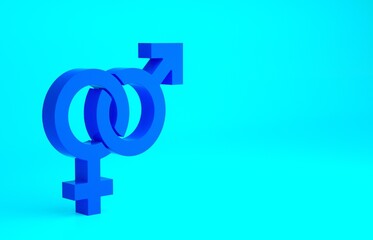 Blue Gender icon isolated on blue background. Symbols of men and women. Sex symbol. Minimalism concept. 3d illustration 3D render.