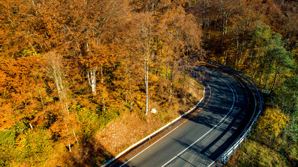 Aerial drone view of curved forest road in the mountains. Colourful landscape with rural road, trees with yellow leaves..