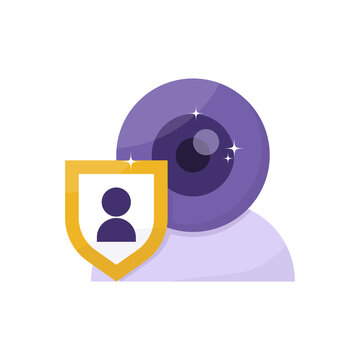 The Concept Of Privacy And Identity Safeguards. Vpn Or Virtual Private Network. Protection From Prying Eyes And Hackers. Illustration Of A Webcam Or Camera And Shield Icon. Flat Style. Design Element