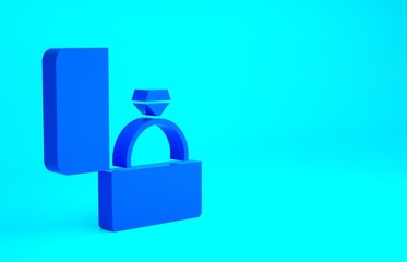 Blue Diamond engagement ring icon isolated on blue background. Minimalism concept. 3d illustration 3D render.