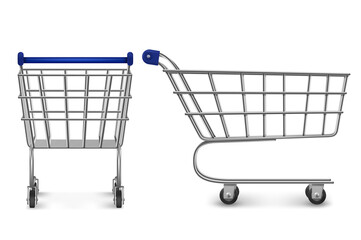 Shopping trolley back and side view, empty supermarket cart isolated on white background. Customers equipment for purchasing in retail shop, grocery and store market. Realistic 3d vector illustration