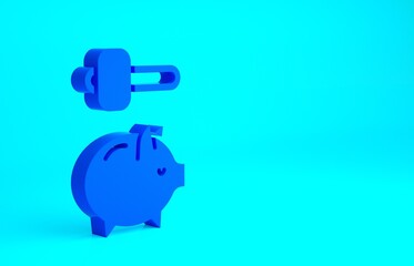 Blue Piggy bank and hammer icon isolated on blue background. Icon saving or accumulation of money, investment. Minimalism concept. 3d illustration 3D render.