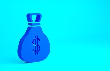 Blue Money bag icon isolated on blue background. Dollar or USD symbol. Cash Banking currency sign. Minimalism concept. 3d illustration 3D render.