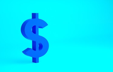 Blue Dollar symbol icon isolated on blue background. Cash and money, wealth, payment symbol. Casino gambling. Minimalism concept. 3d illustration 3D render.