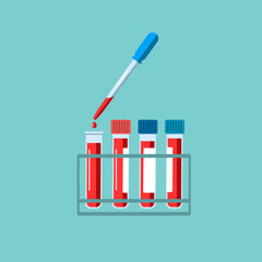 Medical test tubes with blood samples and a pipette that takes blood for analysis. Laboratory testing for biochemistry and viruses. Blood donation. Vector illustration isolated on a blue background