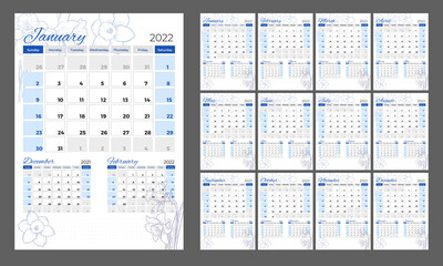 Calendar 2022. Vertical quarterly calendar in a romantic style with hand-drawn flowers. Daffodils in blue.