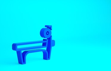 Blue Bench with barbel icon isolated on blue background. Gym equipment. Bodybuilding, powerlifting, fitness concept. Minimalism concept. 3d illustration 3D render.