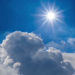Naklejka na ściany i meble sparkle sun above a dense cumulus clouds, natural skt background