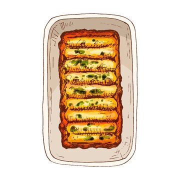 baked enchiladas in tray, top view clip art preview