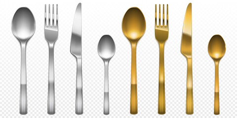 3d cutlery of golden and silver color fork, knife and spoon set. Silverware and gold utensil, catering luxury metal tableware top view isolated on transparent background, Realistic vector illustration