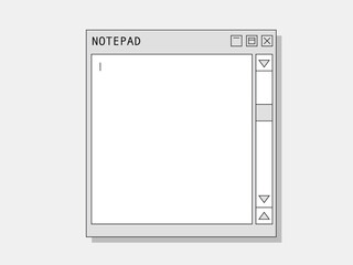 Computer notepad. Retro web notebook for notes and text blank screen with scroll cursors.