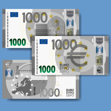 Set of new fictional paper money in the style of the European Union. Gray 1000 euro banknote with abstract building and bridge. EPS10