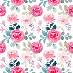 Seamless pattern with watercolor pink rose flower