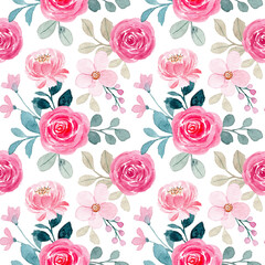 Seamless pattern with watercolor pink rose flower