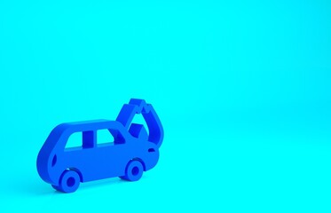 Blue Burning car icon isolated on blue background. Car on fire. Broken auto covered with fire and smoke. Minimalism concept. 3d illustration 3D render.