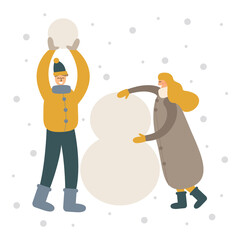 Man and woman making a snowman on snow landscape background. Cute vector illustration with winter outdoor leisure activities on white background.