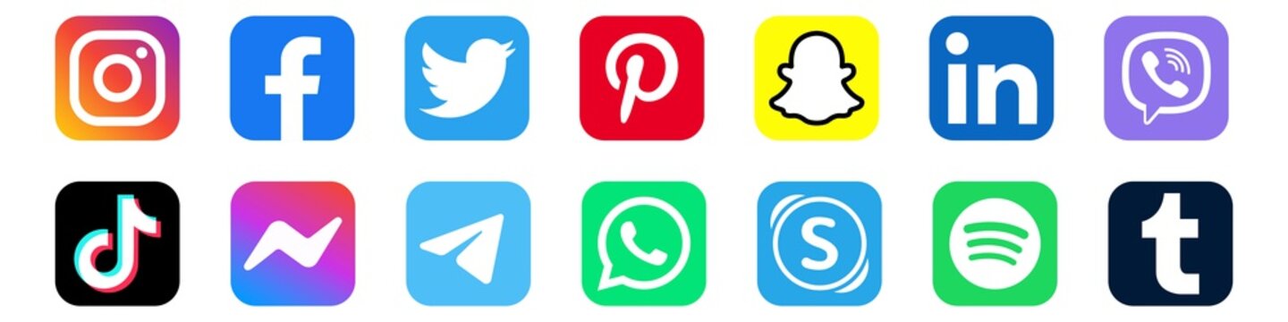 Instagram, facebook, twitter, viber, tiktok, messenger icons. Pinterest, snapchat, linked in logo. Telegram, whatsapp, skype, spotify and tumblr icons. Editorial. Rivne, Ukraine - November 26, 2020.