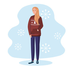 woman with merry christmas brown sweater design, winter season and decoration theme illustration