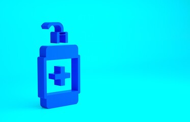Blue Hand sanitizer bottle icon isolated on blue background. Disinfection concept. Washing gel. Alcohol bottle for hygiene. Minimalism concept. 3d illustration 3D render.