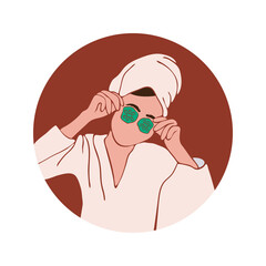 Face care. Beauty salon. European woman. Spa. Vector illustration. Icon. Exotic flowers