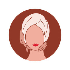 Face care. Beauty salon. European woman. Spa. Vector illustration. Icon