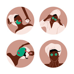 Face care. Beauty salon. African american woman with afro hairstyle. Black woman. Spa. Vector illustration. Icon