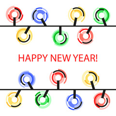 Fototapeta premium Merry Christmas and Happy New Year! Greeting card in minimal geometric design with colorful Christmas tree lights on white background. 