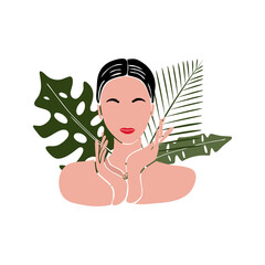 Face care. Beauty salon. European woman. Spa. Vector illustration. Icon. Exotic flowers