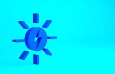 Blue Solar energy panel icon isolated on blue background. Sun with lightning symbol. Minimalism concept. 3d illustration 3D render.