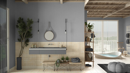 Cosy wooden peaceful bathroom in gray tones, bathtub, ceramic tiles, sink with mirror and little potted tree, pouf, shelves, big window, spa, hotel suite, modern interior design
