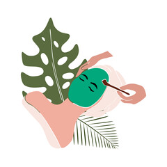 Face care. Beauty salon. European woman. Spa. Vector illustration. Icon. Exotic flowers