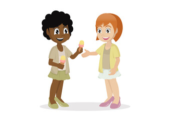 happy cute kid girl give friend Ice cream