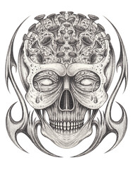 Coronavirus skull tattoo. Hand drawing on paper.
