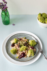 Natural salad of mini beets, romanesco cabbage, white beans and sprouted onion seeds on a gray plate. Healthy nutrition concept. Selective focus. Copy space. Vertical orientation.