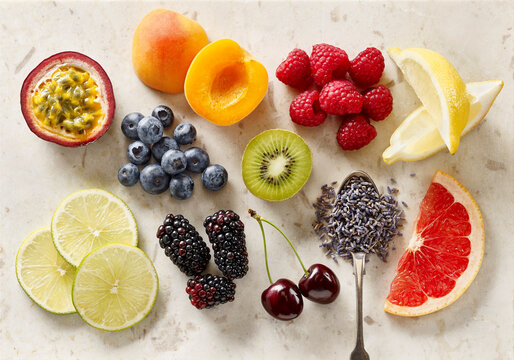 Various summer fruits and lavender flowers