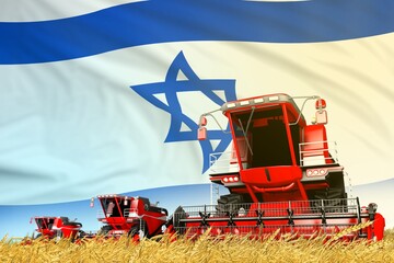 Obraz premium industrial 3D illustration of red grain agricultural combine harvester on field with Israel flag background, food industry concept