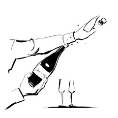 Sabrage of a champagne bottle, opening it with a big knife, on a table are two flute glasses. © Hilbrand Bos 