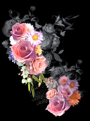 Mixed floral design print with grey textures