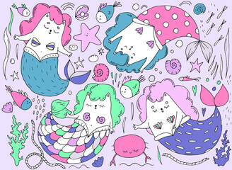 cute set of mermaid cats in color, seashells, marine theme, children's illustration