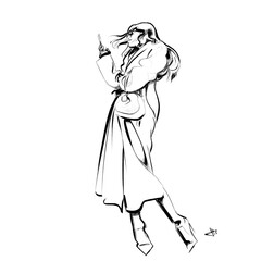 Drawing of a woman checking her phone, wrapped up warmly in a sumptuous coat. 