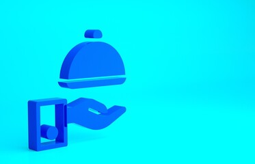 Blue Covered with a tray of food icon isolated on blue background. Tray and lid sign. Restaurant cloche with lid. Minimalism concept. 3d illustration 3D render.