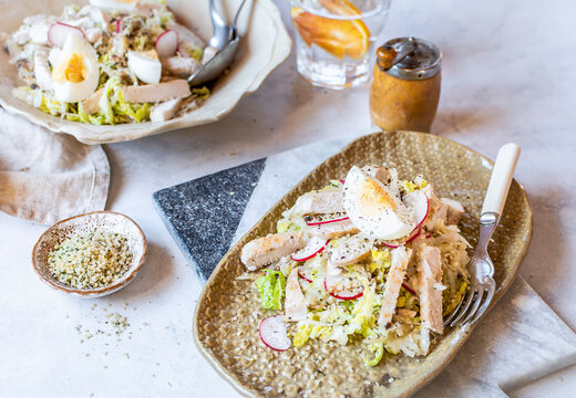 Turkey salad with eeg and radish and hemp seeds