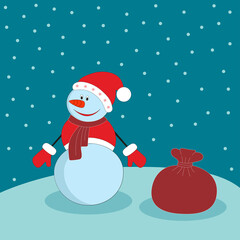 Christmas snowman in a scarf and hat with a bag of gifts. Vector illustration of a winter holiday. Christmas card for the New year.
